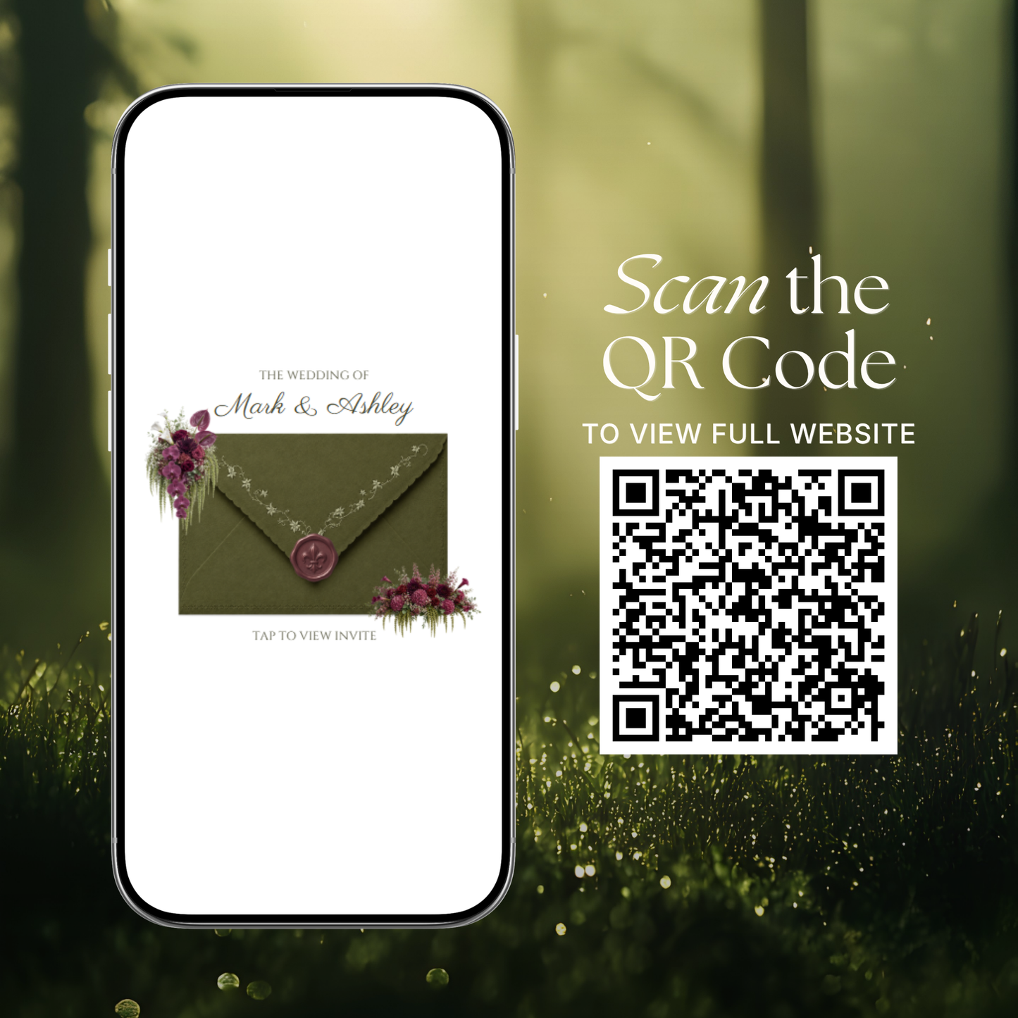 Olive Green & Burgundy Floral Wedding Website Template | Wedding Invitation with RSVP, Music and Countdown Timer | Instant Download