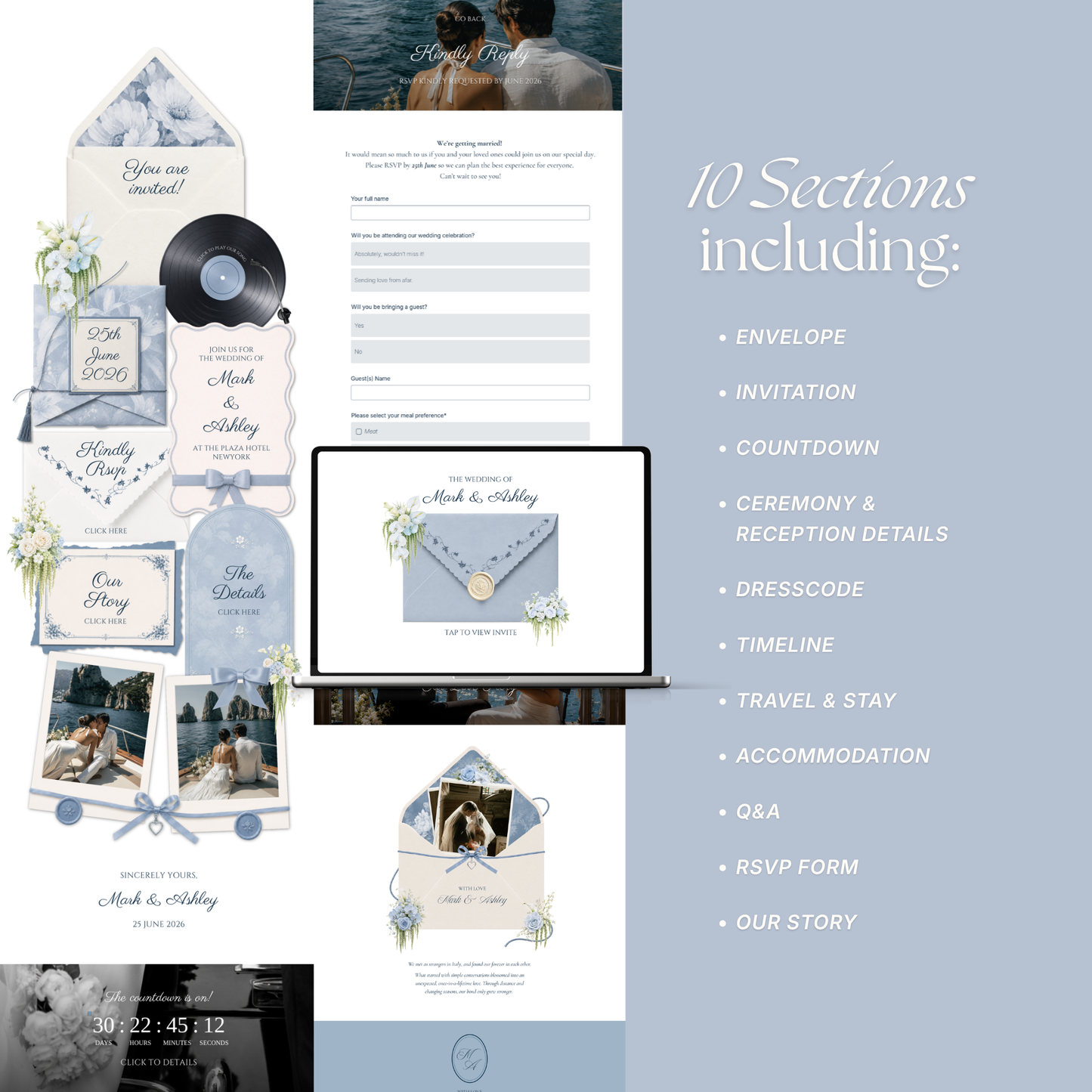 Dusty Blue Floral Wedding Website Template | Digital Wedding Invitation with RSVP, Music and Countdown Timer | Instant Download