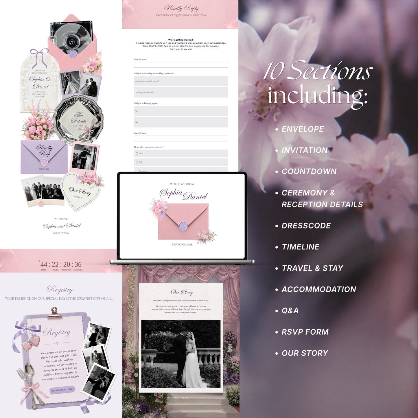 Pink Lilac Pastel Floral Wedding Website Template Canva | Digital Invitation with RSVP , Music and Countdown Timer | Instant Download