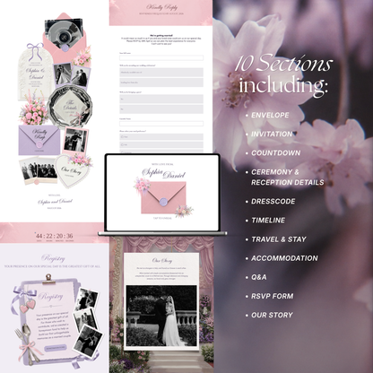 Pink Lilac Pastel Floral Wedding Website Template Canva | Digital Invitation with RSVP , Music and Countdown Timer | Instant Download