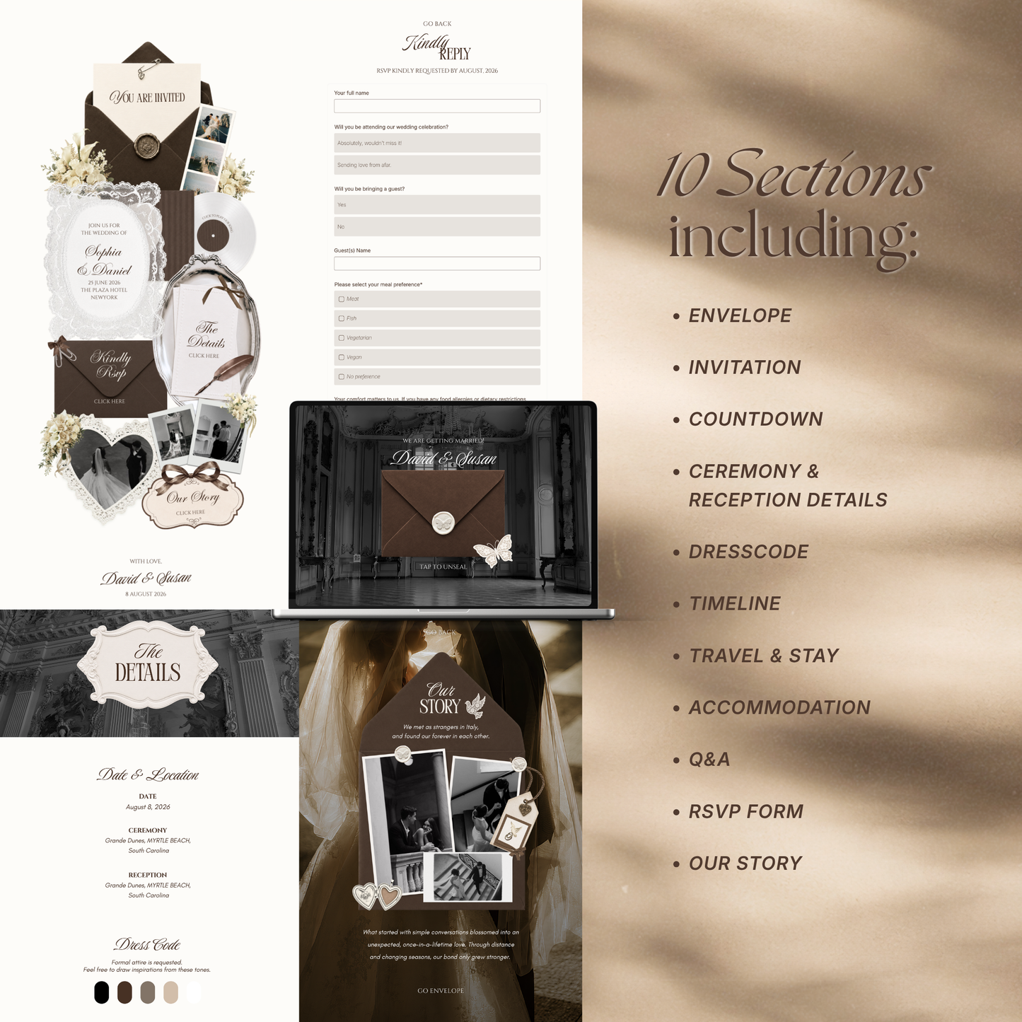 Brown & Ivory Wedding Website Template with RSVP, Music and Countdown Timer: Classic Floral Envelope Digital Invitation (Digital Download)