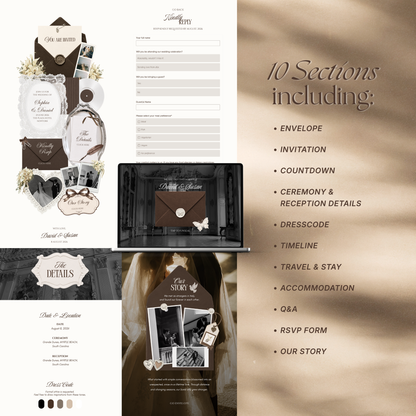 Brown & Ivory Wedding Website Template with RSVP, Music and Countdown Timer: Classic Floral Envelope Digital Invitation (Digital Download)