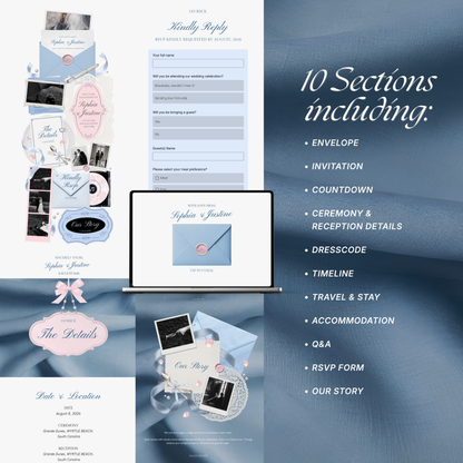 Blush Pink Blue Floral Wedding Website Template with RSVP, Music and Countdown Timer: Editable Canva Website (Digital Download)