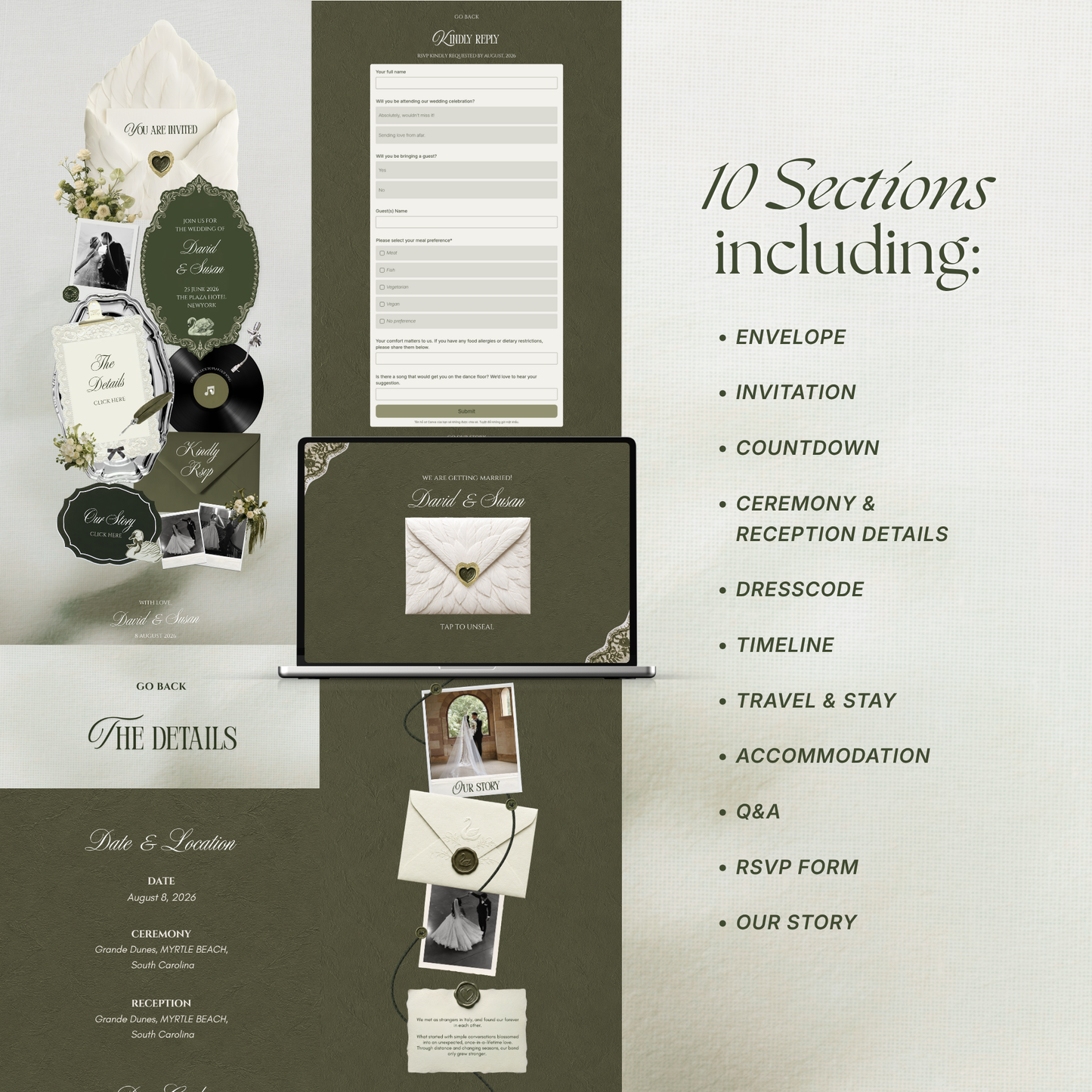 Olive Green Vintage Wedding Website Template with RSVP, Music and Countdown Timer: Canva Editable Template (Digital Download)