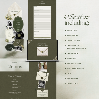Olive Green Vintage Wedding Website Template with RSVP, Music and Countdown Timer: Canva Editable Template (Digital Download)