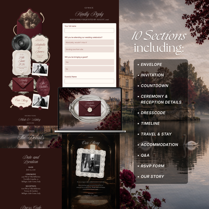 Old Money Burgundy Wedding Website Template with RSVP, Music and Countdown Timer: Digital Invitation (Digital Download)