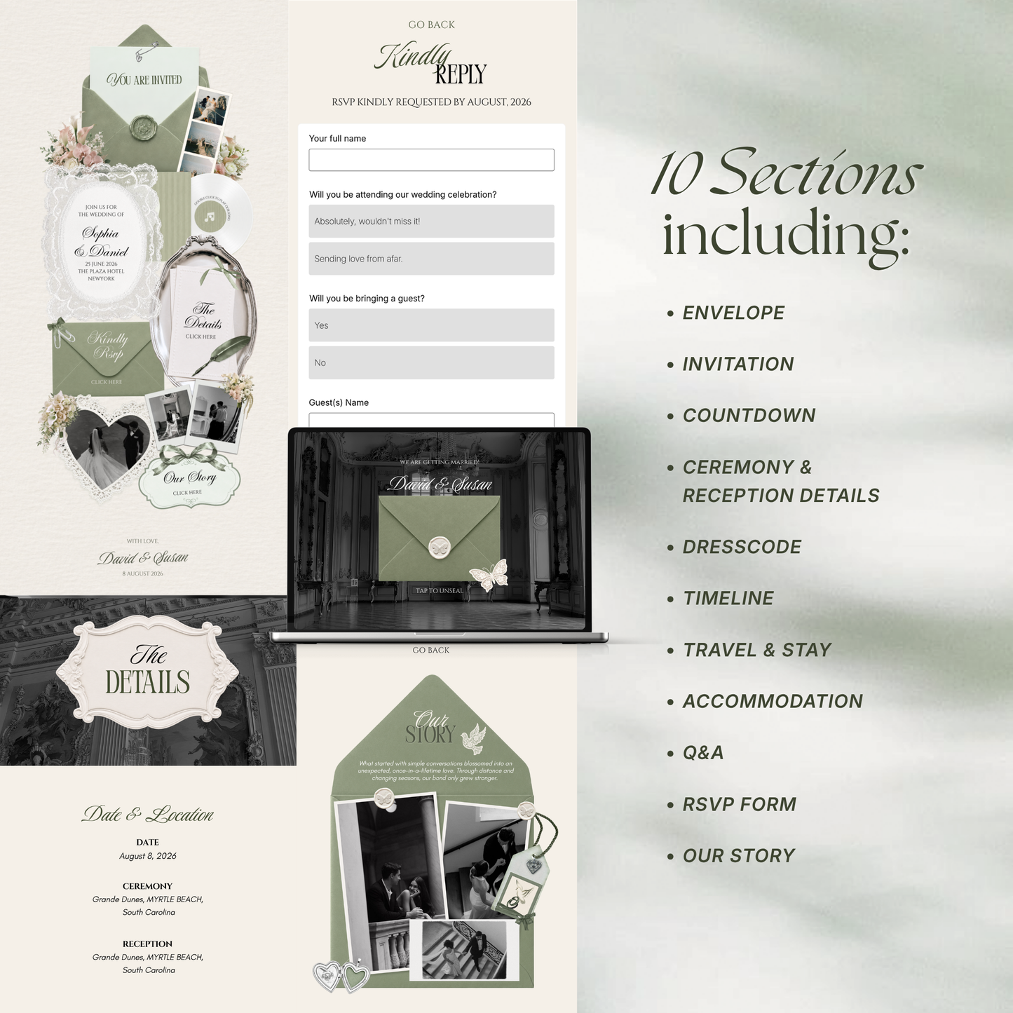 Sage Green Ivory Floral Wedding Website Template with RSVP, Music and Countdown Timer: Canva Editable Template (Digital Download)