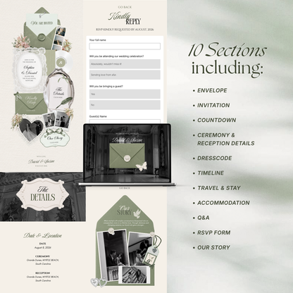 Sage Green Ivory Floral Wedding Website Template with RSVP, Music and Countdown Timer: Canva Editable Template (Digital Download)