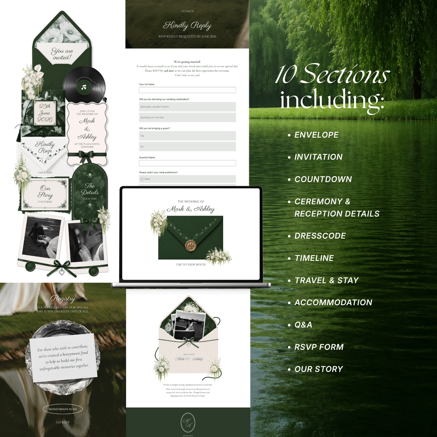 White & Green Wedding Website Template with RSVP, Music and Countdown Timer: Digital Wedding Template (Instant Download)