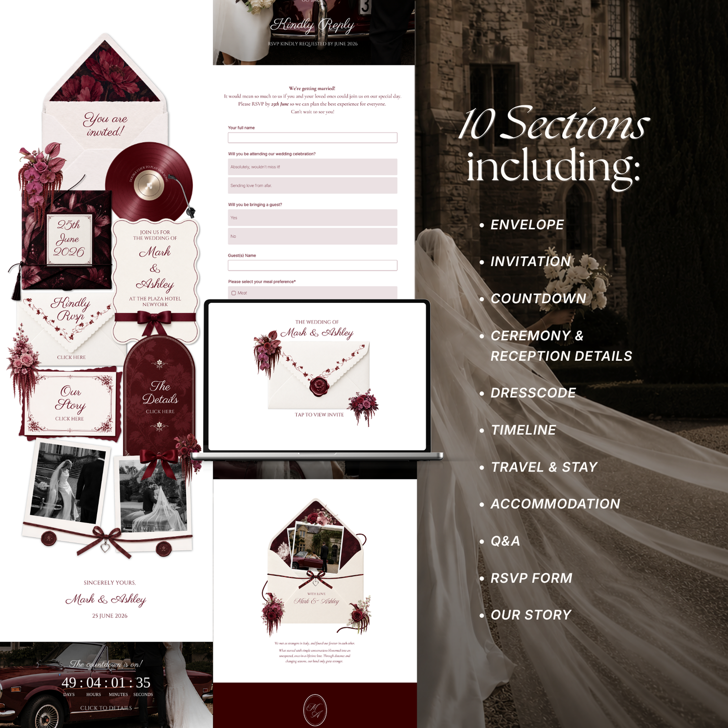Burgundy & Ivory Vintage Floral Wedding Website Template | Editable Invitation with RSVP, Music and Countdown Timer (Digital Download)