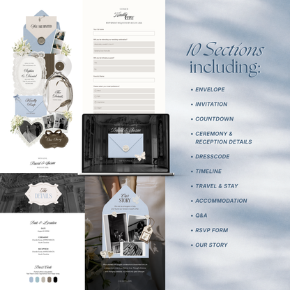 Brown & Dusty Blue Wedding Website Template with RSVP, Music and Countdown Timer: Classic Floral Digital Invitation (Digital Download)