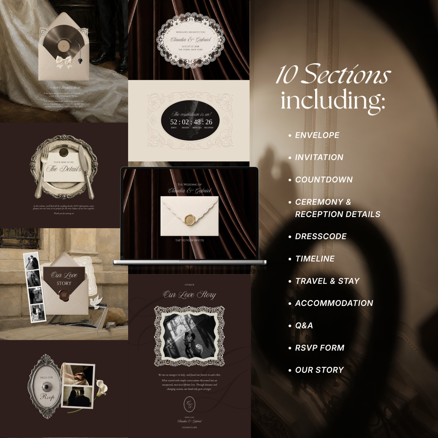 Old Money Wedding Website Template with RSVP, Music and Countdown Timer | Ivory & Brown Digital Wedding Invitation | Instant Download