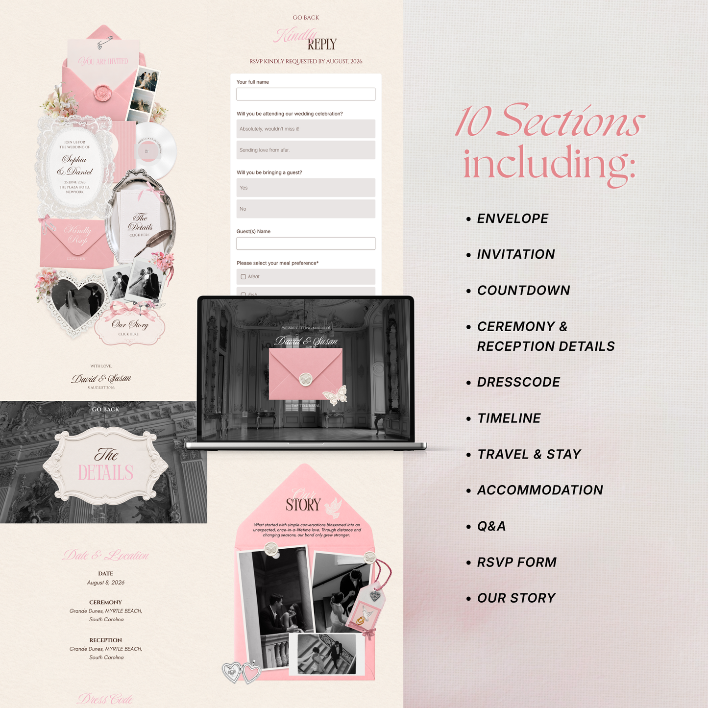 Pink & Ivory Floral Wedding Website Template with RSVP, Music and Countdown Timer: Wedding Invitations (Digital Download)