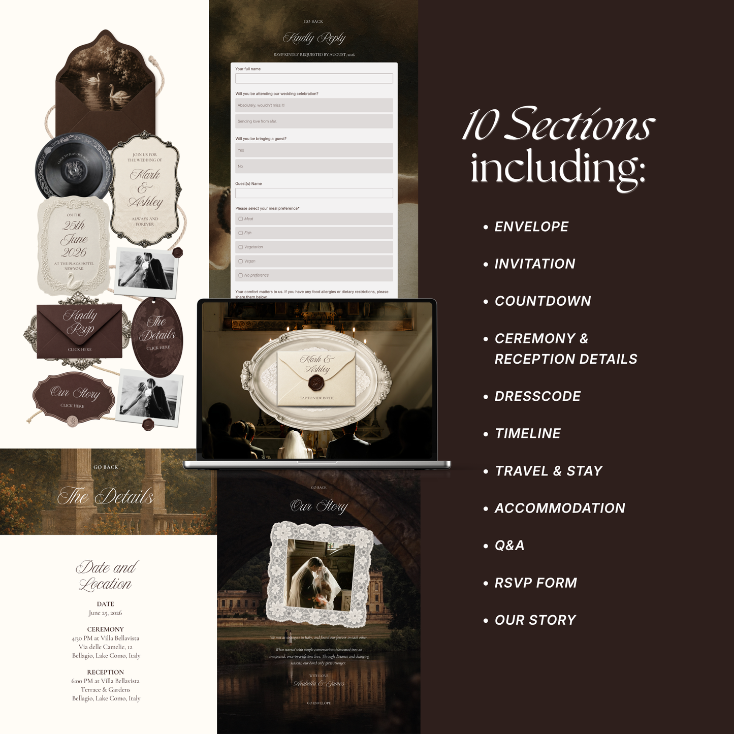 Old Money Wedding Website Template | Brown & Ivory Digital Wedding Invitation with RSVP, Music and Countdown Timer | Instant Download