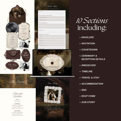 Old Money Wedding Website Template | Brown & Ivory Digital Wedding Invitation with RSVP, Music and Countdown Timer | Instant Download
