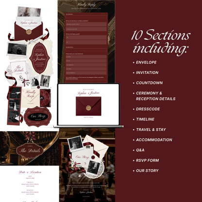 Burgundy & Ivory Wedding Website Template | Digital Wedding Invitation with RSVP, Music and Countdown Timer | Instant Download