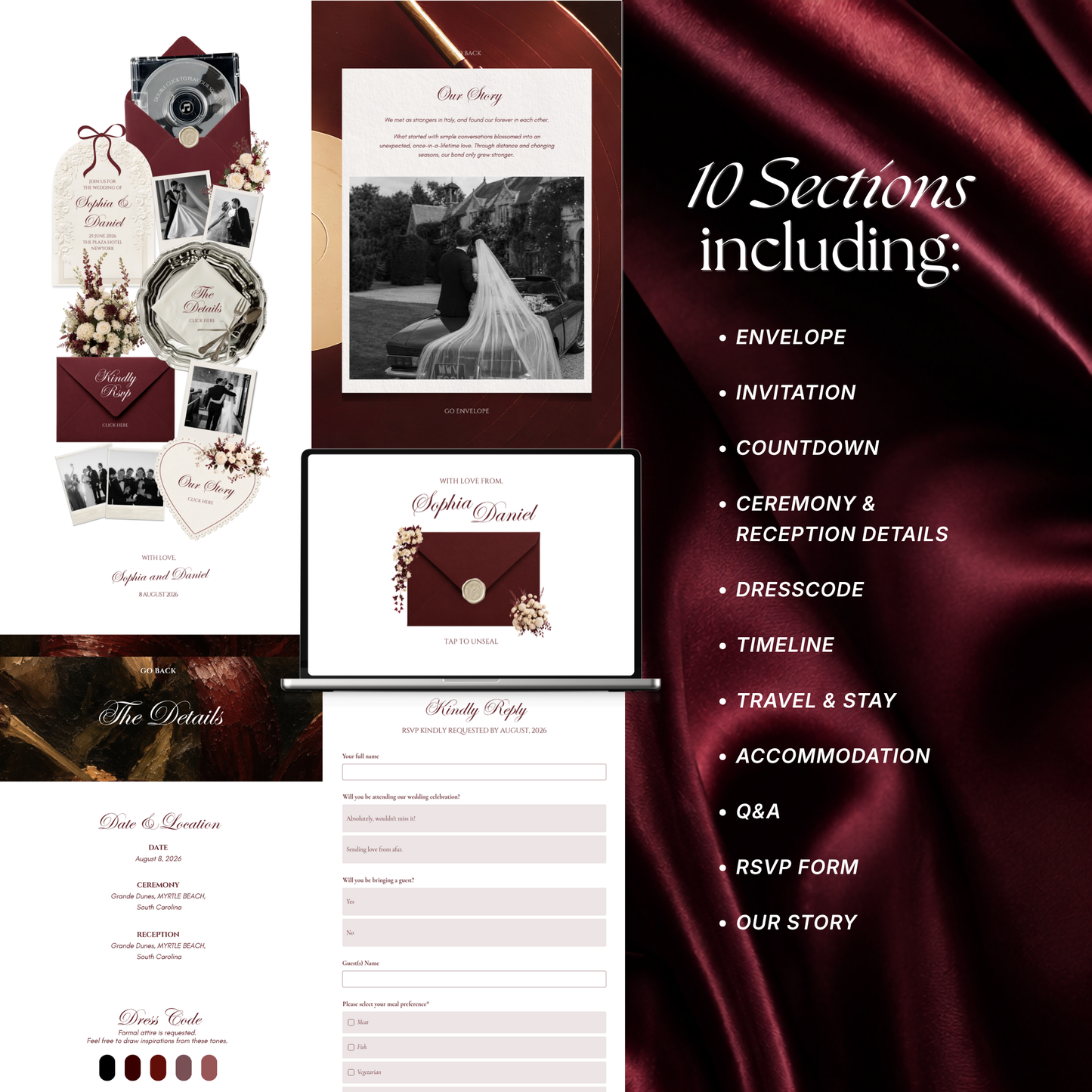 Burgundy & Ivory Wedding Website Template | Vintage Digital Invitation with RSVP, Music and Countdown Timer (Digital Download)