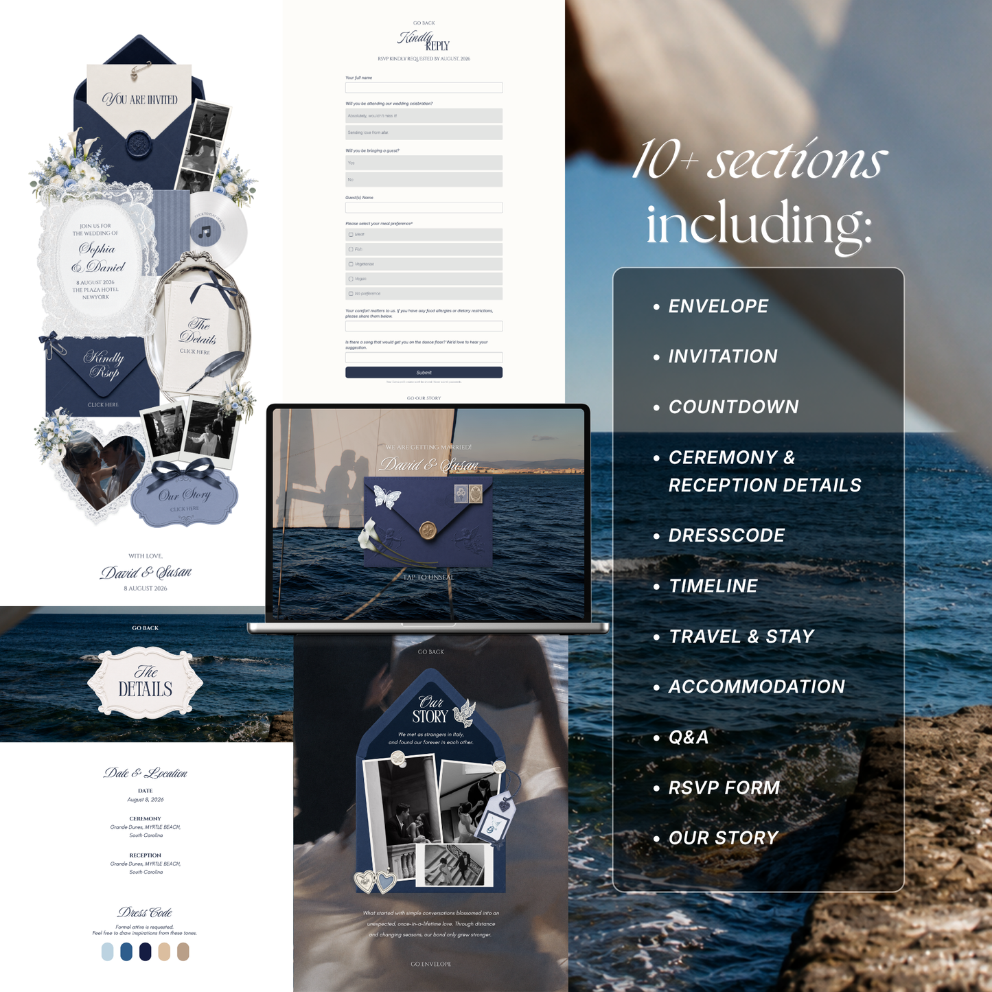 Navy & Dusty Blue Wedding Website Template with RSVP, Music and Countdown Timer: Canva Editable Template (Instant Download)