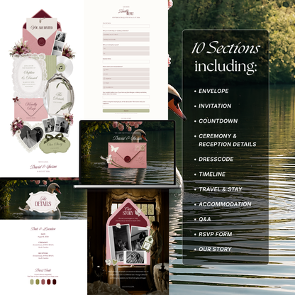 Pink, Burgundy & Green Floral Wedding Website Template with RSVP, Music and Countdown | Editable Digital Canva Design (Digital Download)