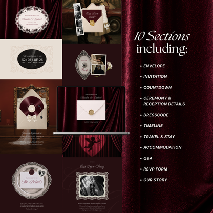 Old Money Wedding Website Template | Burgundy Digital Wedding Invitation with RSVP, Music and Coundown Timer | Instant Download