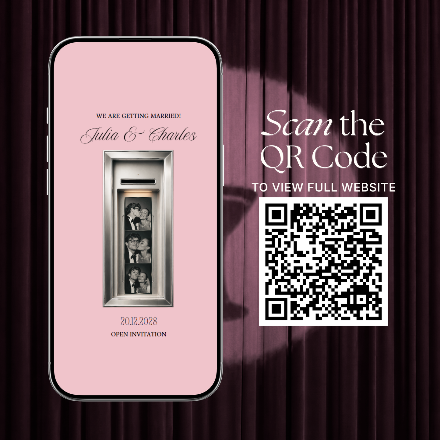 Blush Pink Photo Booth Wedding Website Template | Modern Wedding Invitation with RSVP, Music and Countdown Timer | Instant Download