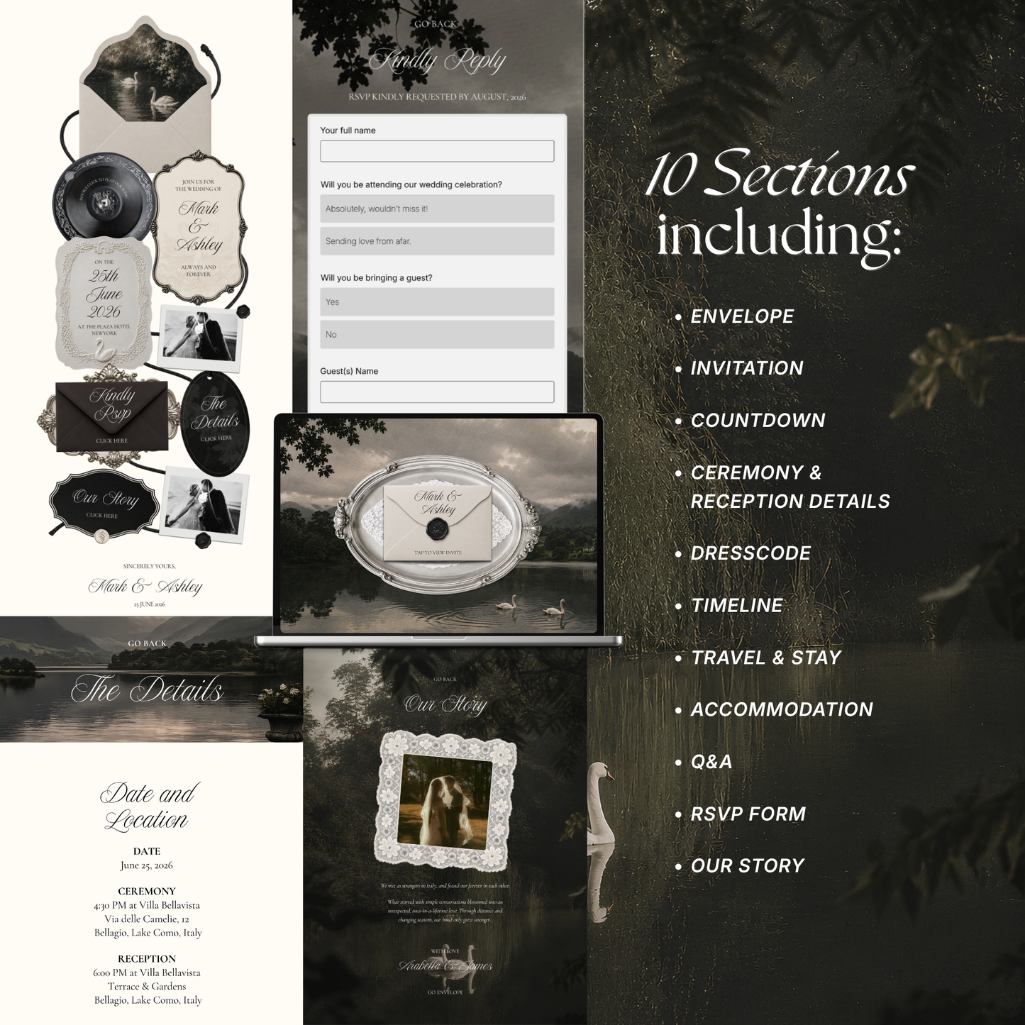 Old Money Wedding Website Template with RSVP, Music and Countdown Timer: Classic Lace Digital Invitation