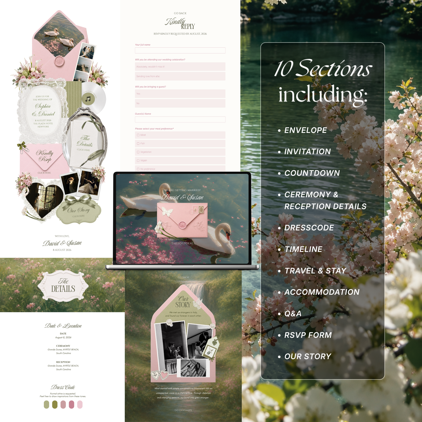 Pink & Green Floral Wedding Website Template with RSVP, Music and Countdown Timer | Wedding Invites (Digital Download)