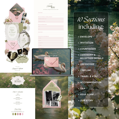 Pink & Green Floral Wedding Website Template with RSVP, Music and Countdown Timer | Wedding Invites (Digital Download)