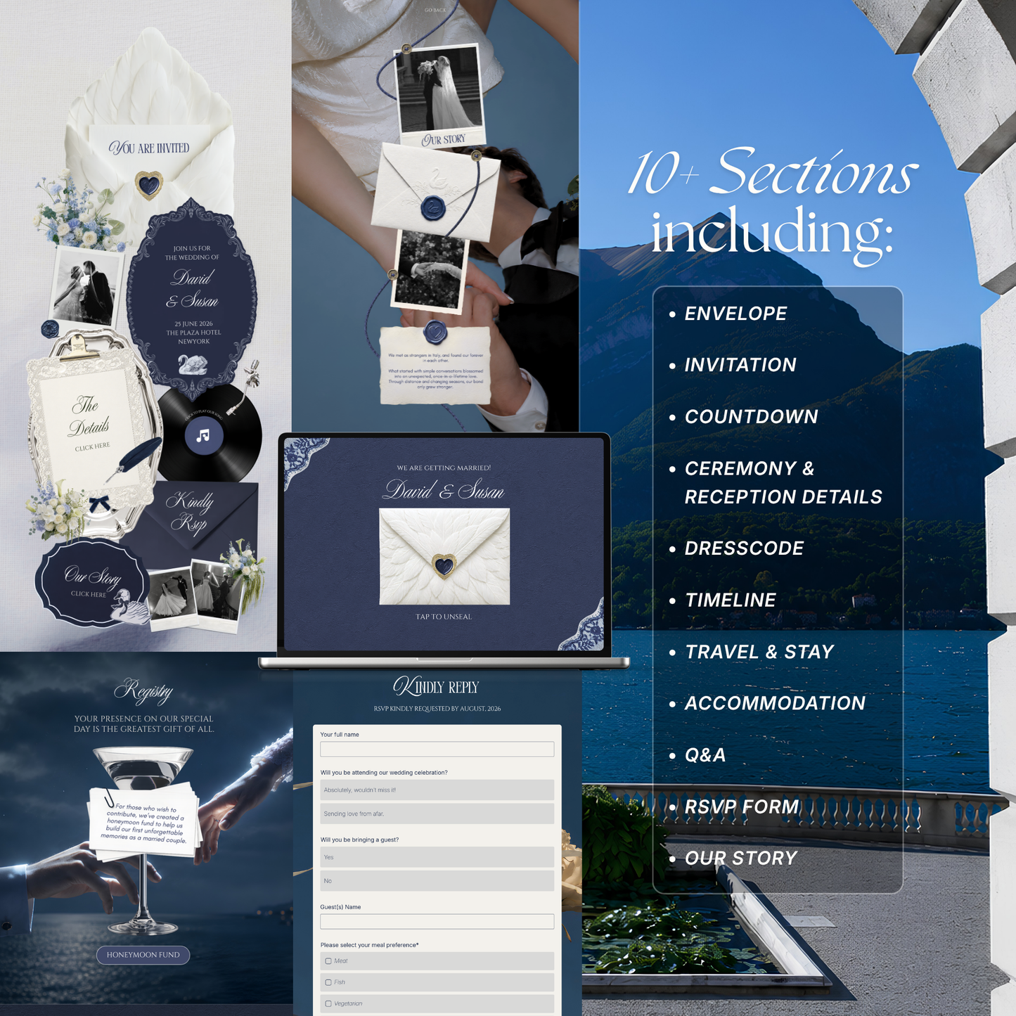 Navy & Dusty Blue Wedding Website Template with RSVP, Music and Countdown : Floral Classic Envelope Digital Invitation (Digital Download)