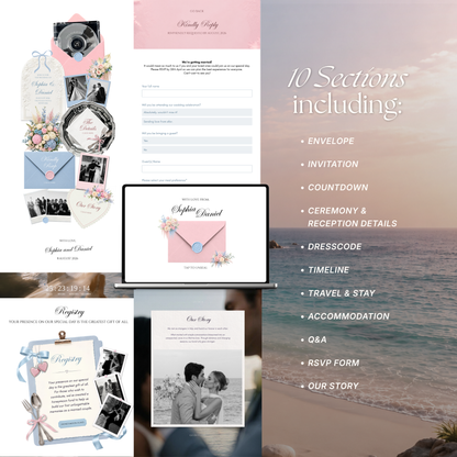 Blush Pink & Blue Wedding Website Template with RSVP, Music and Countdown | Floral Classic Envelope Digital Invitation (Instant Download)