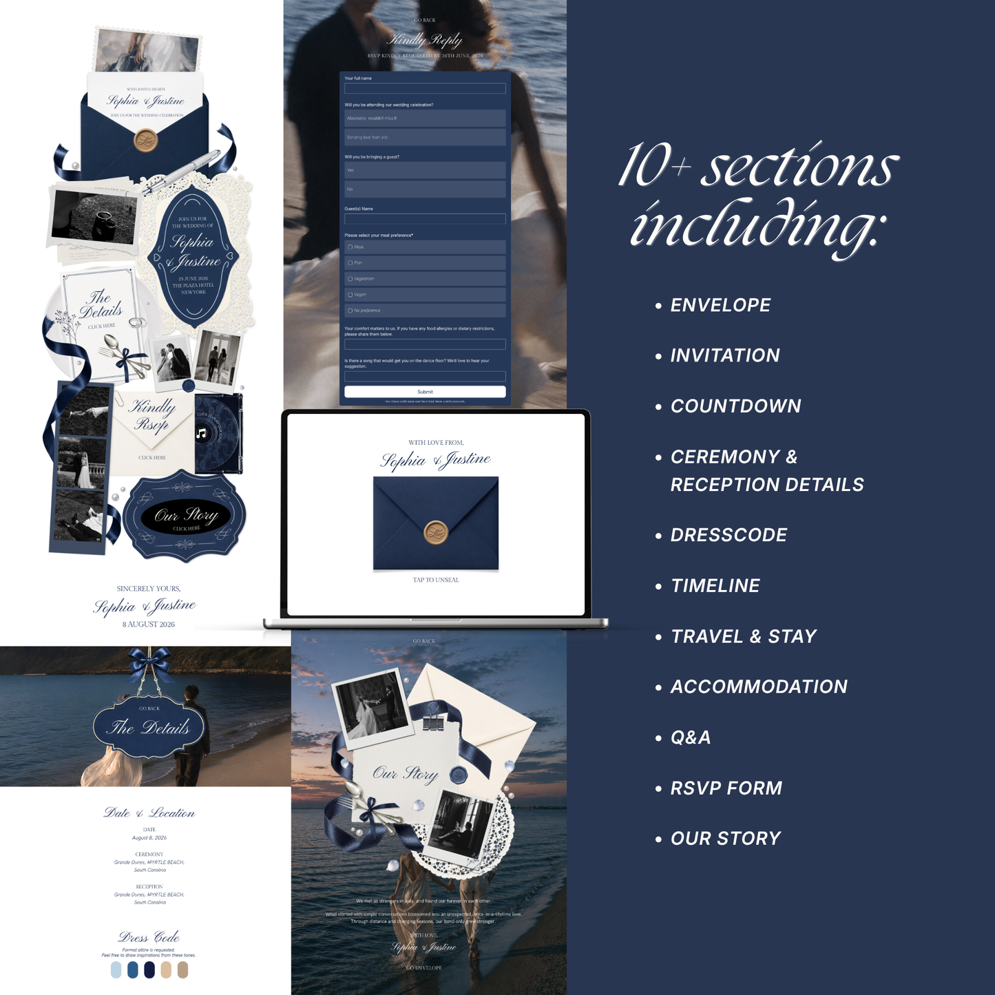 Navy & Dusty Blue Wedding Website Template with RSVP, Music and Countdown Timer: Digital Editable Canva Website (Digital Download)
