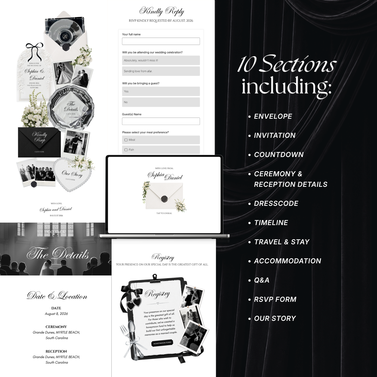 White Black Floral Wedding Website Template with RSVP, Music and Countdown Timer: Digital Wedding Template (Digital Download)