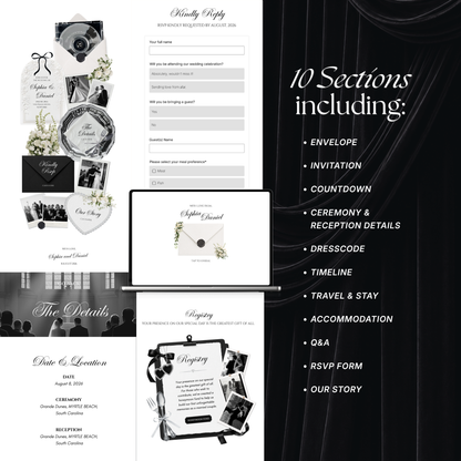 White Black Floral Wedding Website Template with RSVP, Music and Countdown Timer: Digital Wedding Template (Digital Download)