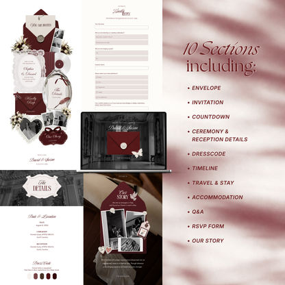 Burgundy & Ivory Wedding Website Template with RSVP | Old Money Digital Wedding Invitation | Instant Download