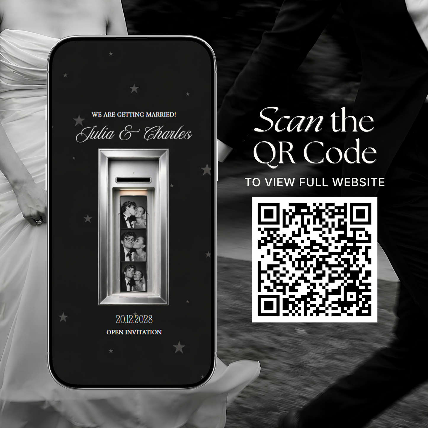 Black Photo Booth Wedding Website Template | Modern Wedding Invitation with RSVP, Music and Countdown Timer | Instant Download