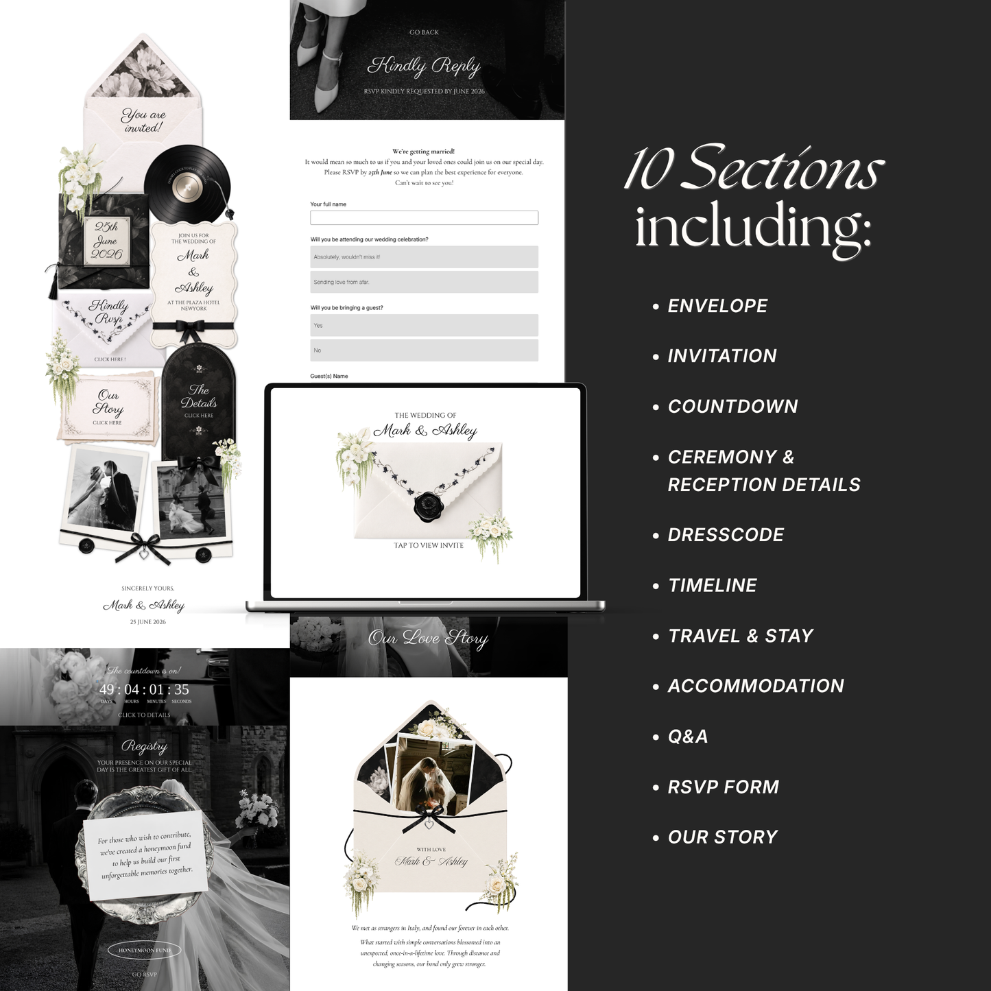 White & Black Floral Wedding Website Template | Editable Invitation with RSVP, Music and Countdown Timer (Digital Download)