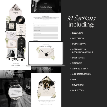 White & Black Floral Wedding Website Template | Editable Invitation with RSVP, Music and Countdown Timer (Digital Download)
