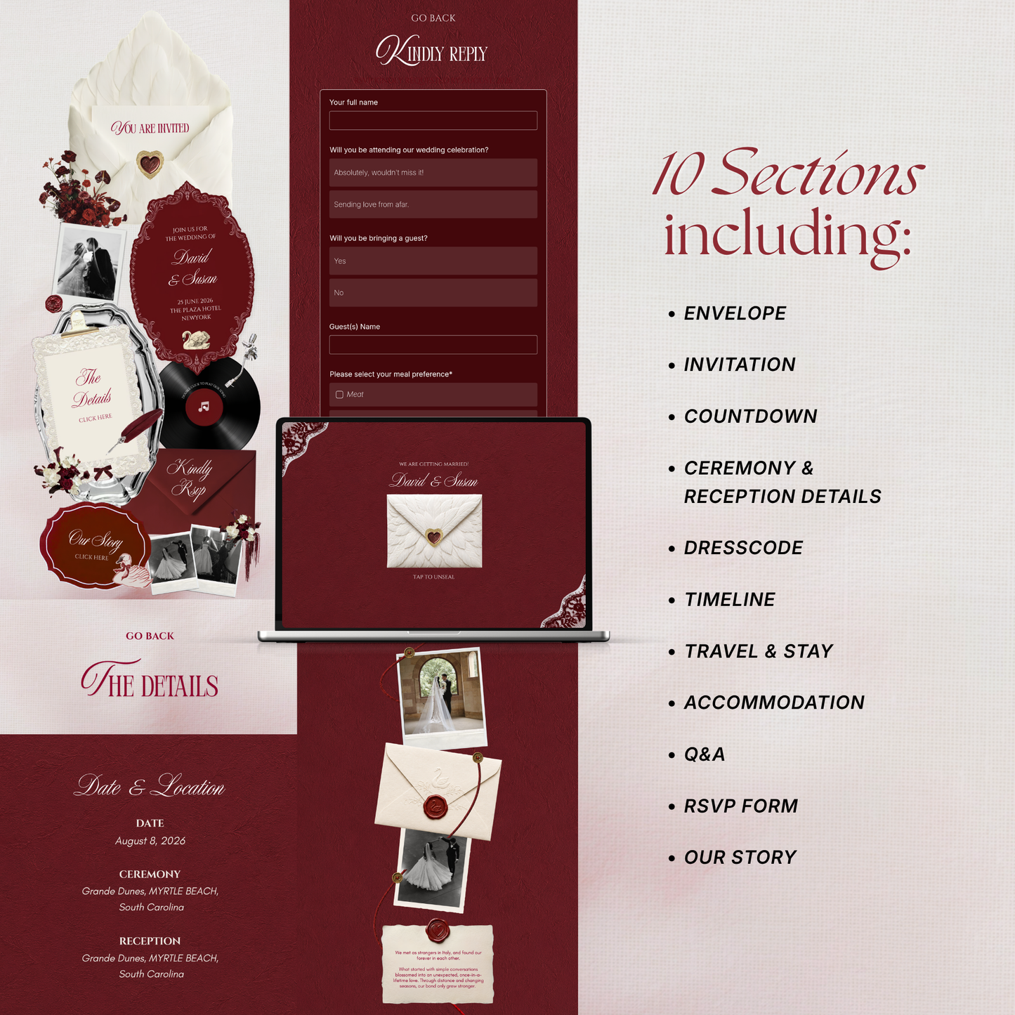 Ivory Burgundy Floral Wedding Website Template with RSVP, Music and Countdown Timer: Editable Canva Website (Digital Download)