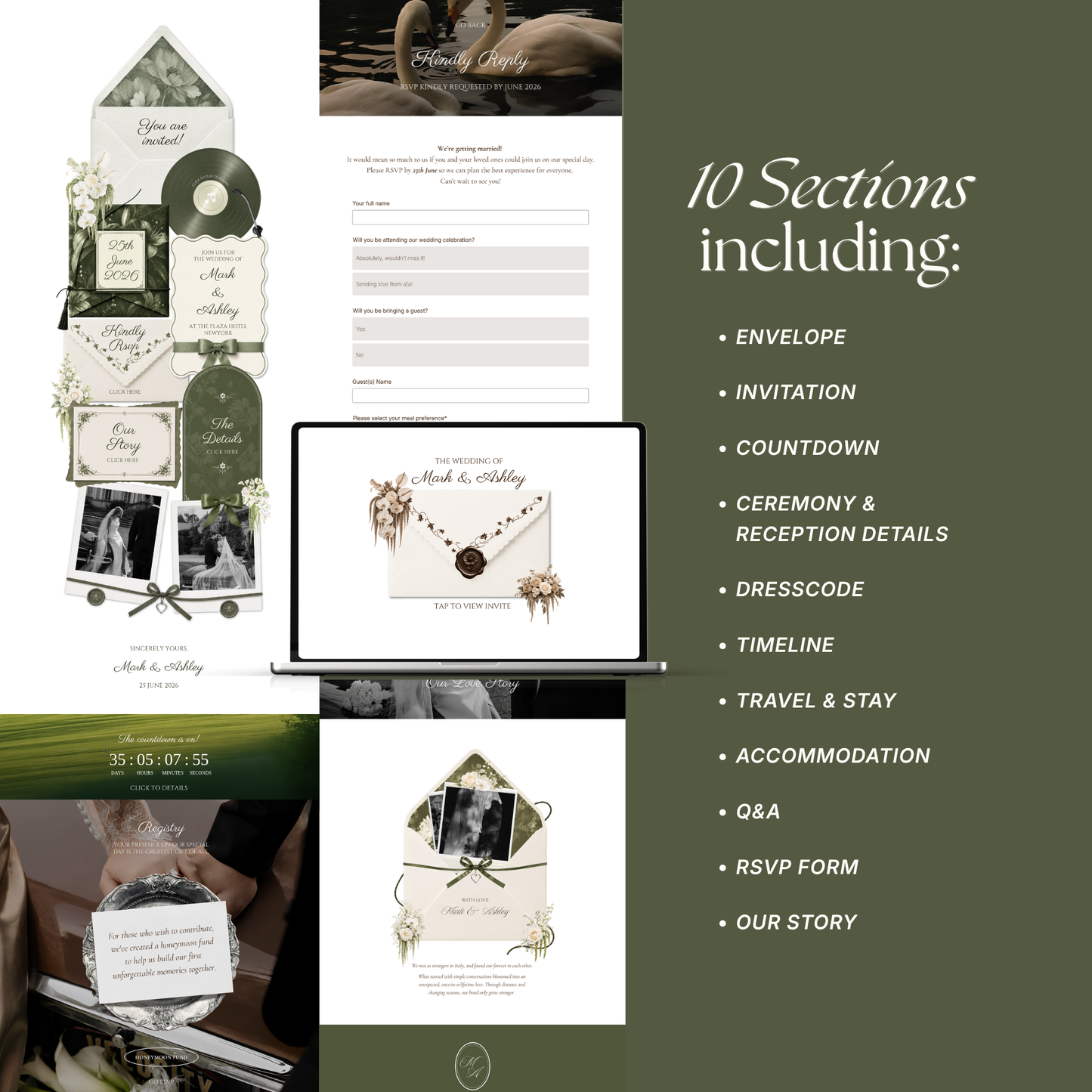 Sage & Ivory Wedding Website Template with RSVP, Music and Countdown Timer | Classic Floral Envelope Digital Invitation (Digital Download)