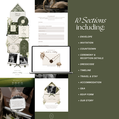 Sage & Ivory Wedding Website Template with RSVP, Music and Countdown Timer | Classic Floral Envelope Digital Invitation (Digital Download)