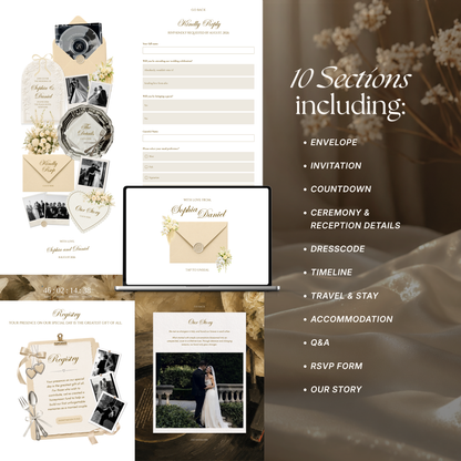 Champagne Beige Vintage Floral Wedding Website Template | Canva Digital Invitation with RSVP, Music and Countdown Timer (Digital Download)