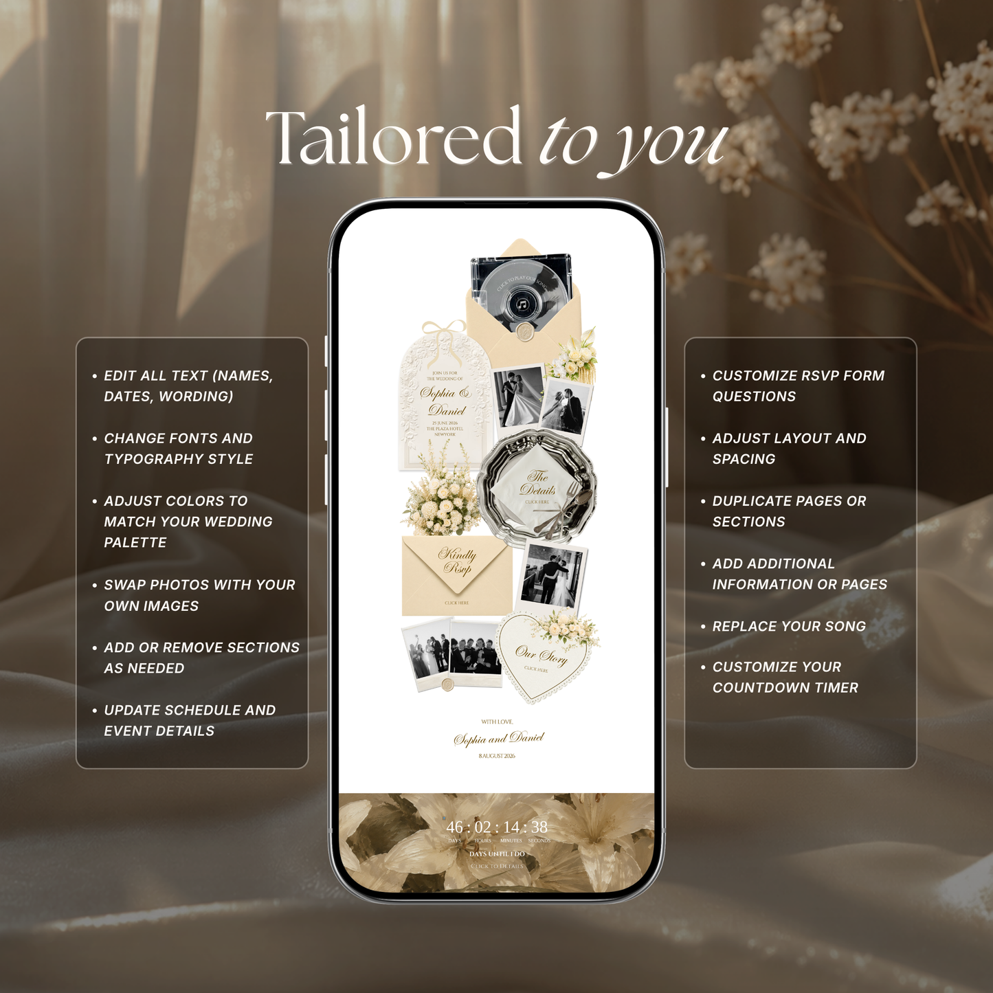 Champagne Beige Vintage Floral Wedding Website Template | Canva Digital Invitation with RSVP, Music and Countdown Timer (Digital Download)