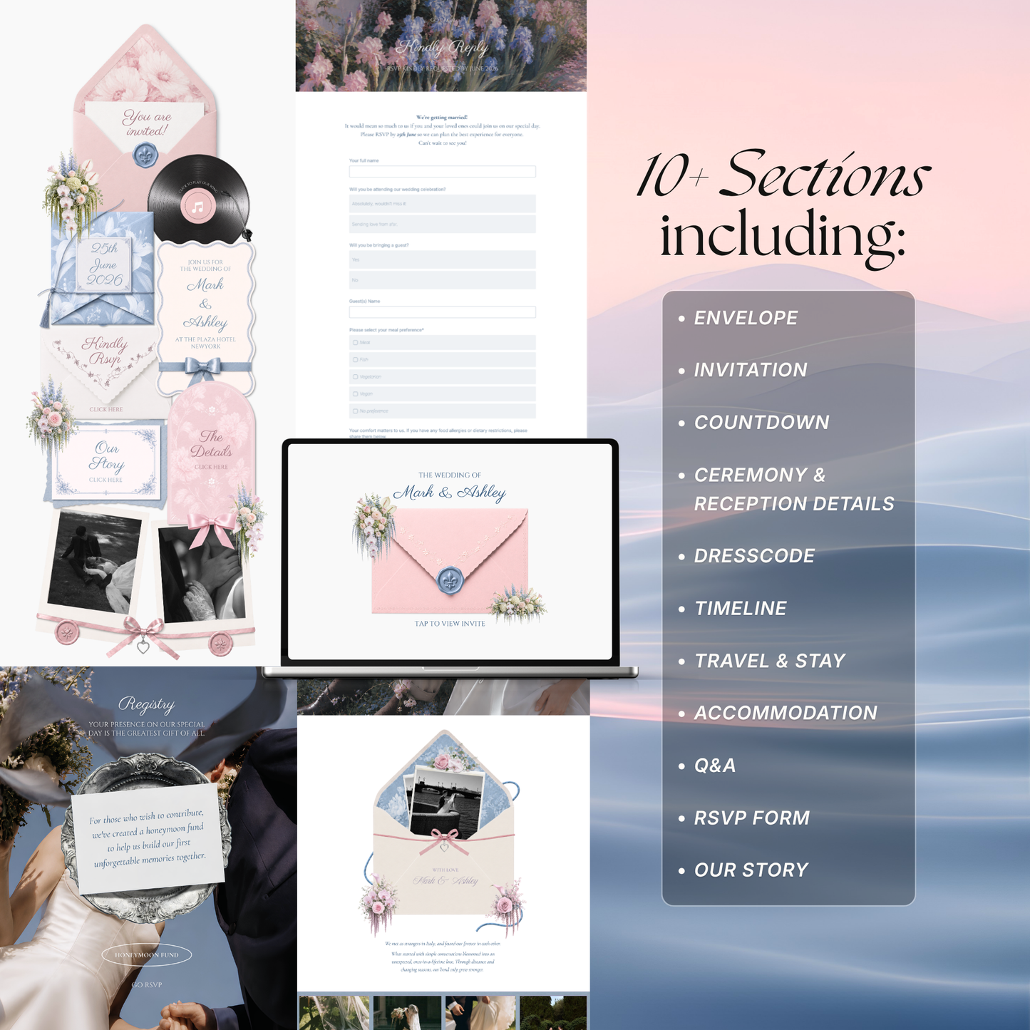 Blush Pink & Blue Floral Wedding Website Template with RSVP, Music and Countdown Timer: Digital Wedding Template (Digital Download)
