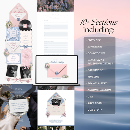 Blush Pink & Blue Floral Wedding Website Template with RSVP, Music and Countdown Timer: Digital Wedding Template (Digital Download)