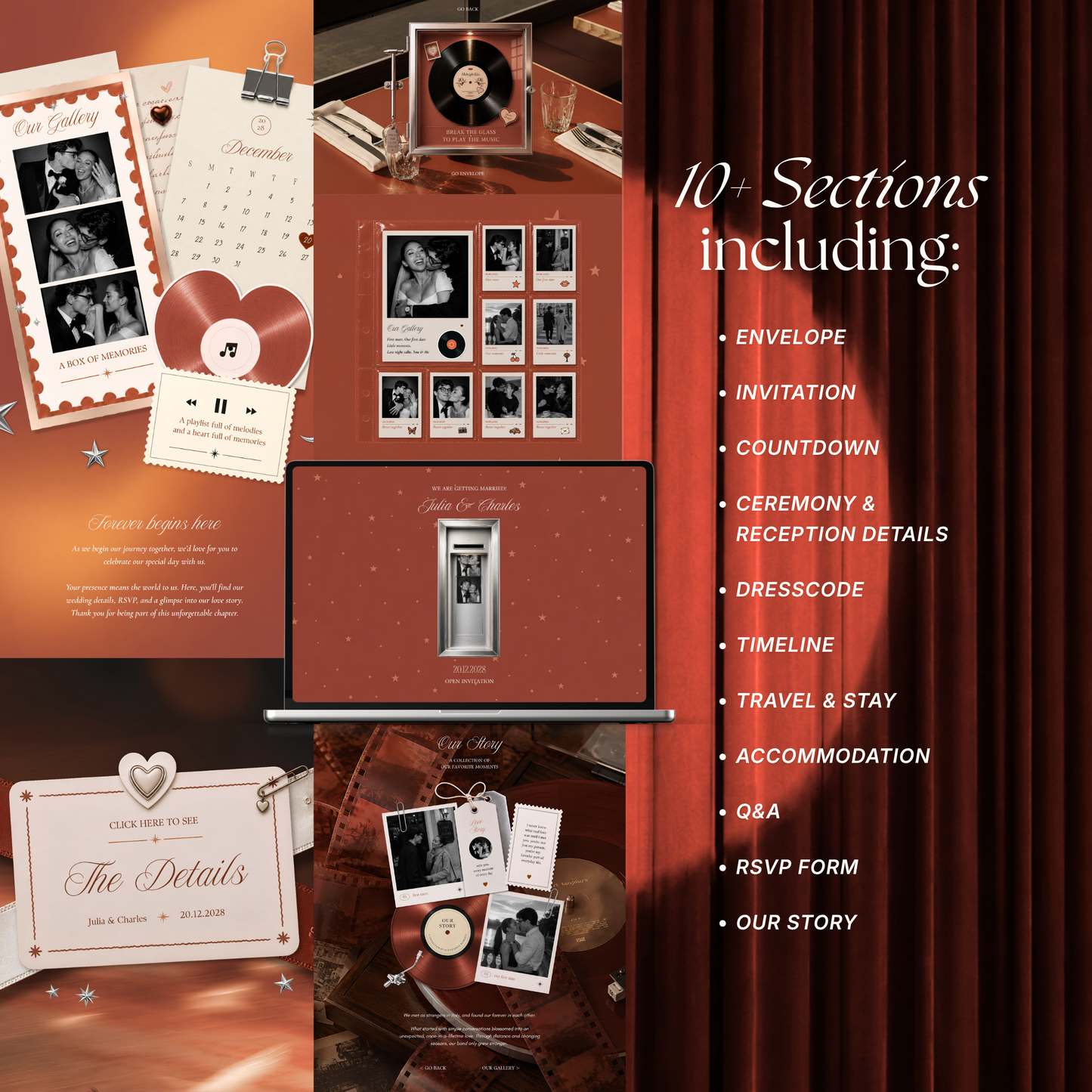 Burnt Orange Photo Booth Wedding Website | Modern Wedding Invitation with RSVP, Music and Countdown Timer | Instant Download
