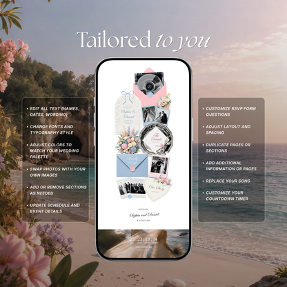 Blush Pink & Blue Wedding Website Template with RSVP, Music and Countdown | Floral Classic Envelope Digital Invitation (Instant Download)