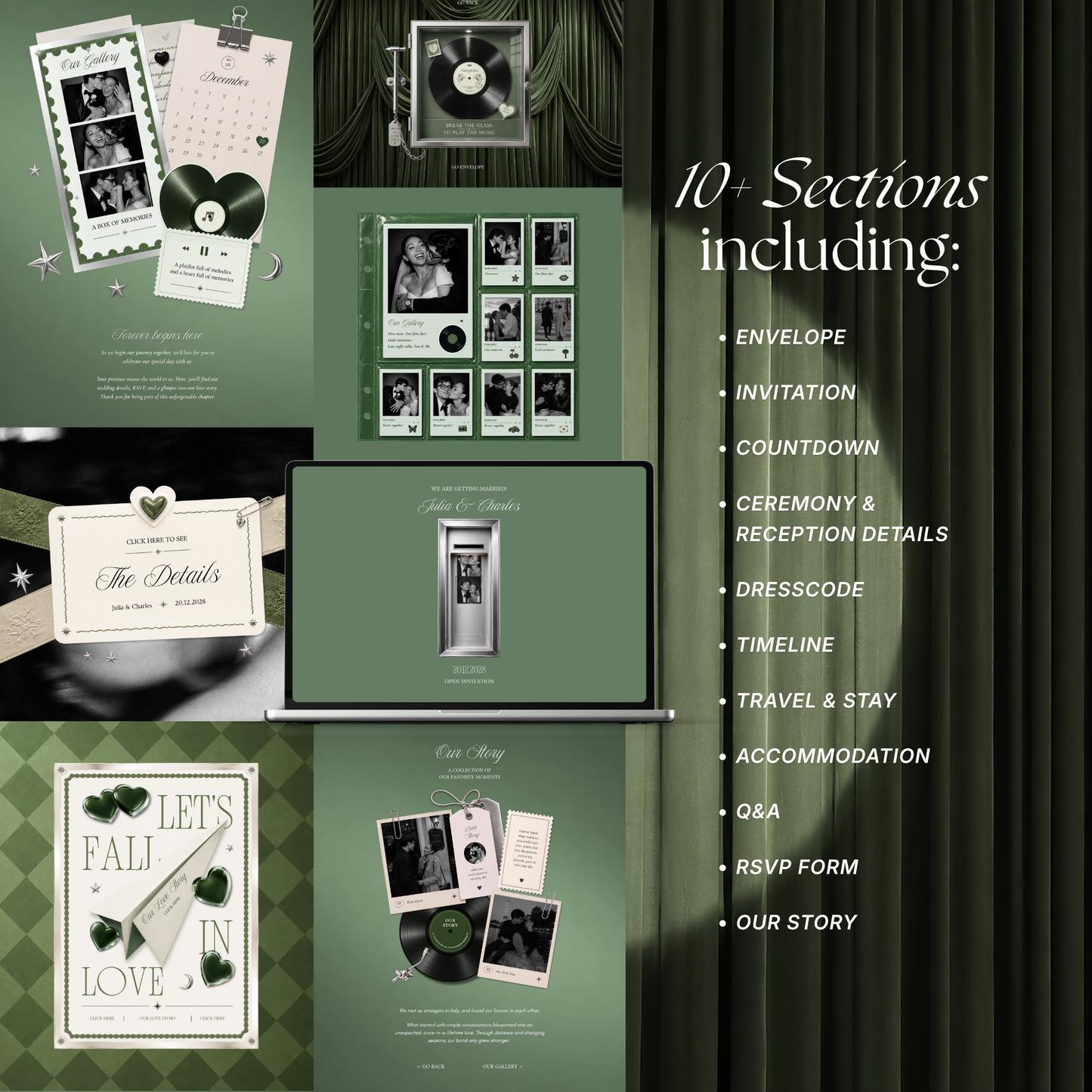 Sage Green Photo Booth Wedding Website Template | Modern Wedding Invitation with RSVP, Music and Countdown Timer | Instant Download
