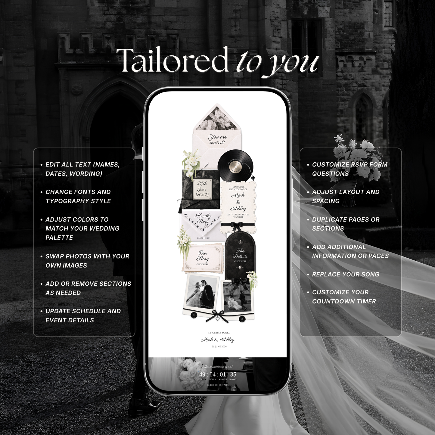 White & Black Floral Wedding Website Template | Editable Invitation with RSVP, Music and Countdown Timer (Digital Download)