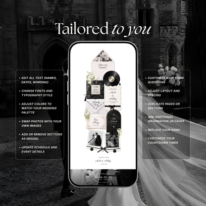 White & Black Floral Wedding Website Template | Editable Invitation with RSVP, Music and Countdown Timer (Digital Download)