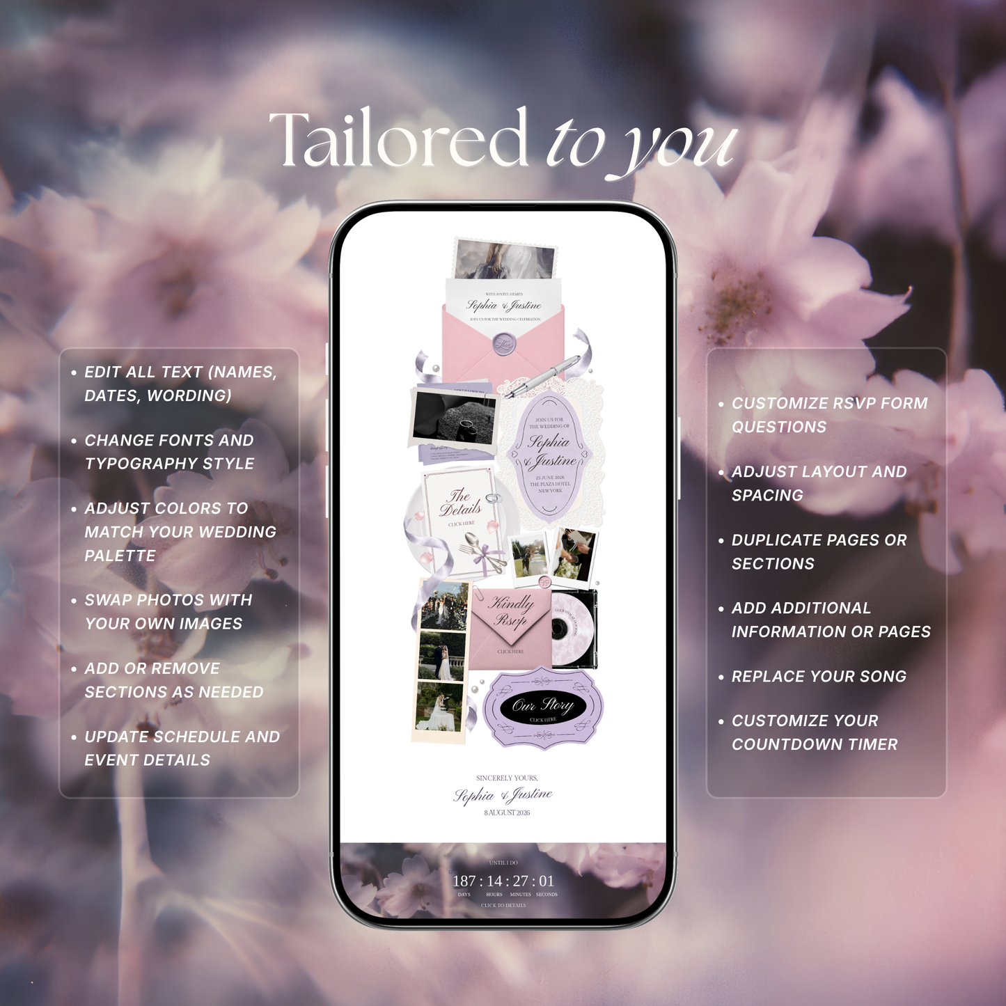 Pink Lilac Pastel Wedding Website Template with RSVP, Music and Countdown Timer | Editable Canva Website (Digital Download)